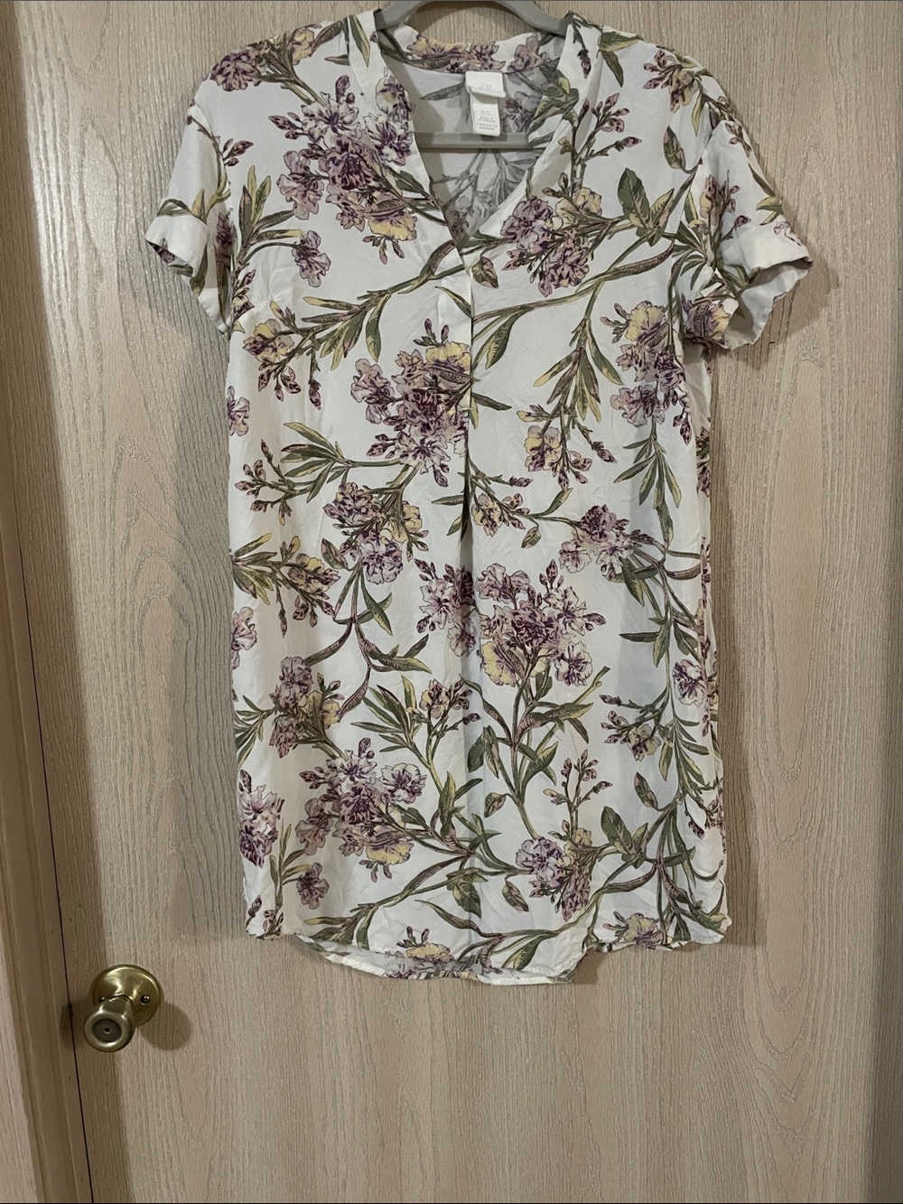 H&M White Tunic with Purple Floral & Green Leaf Print